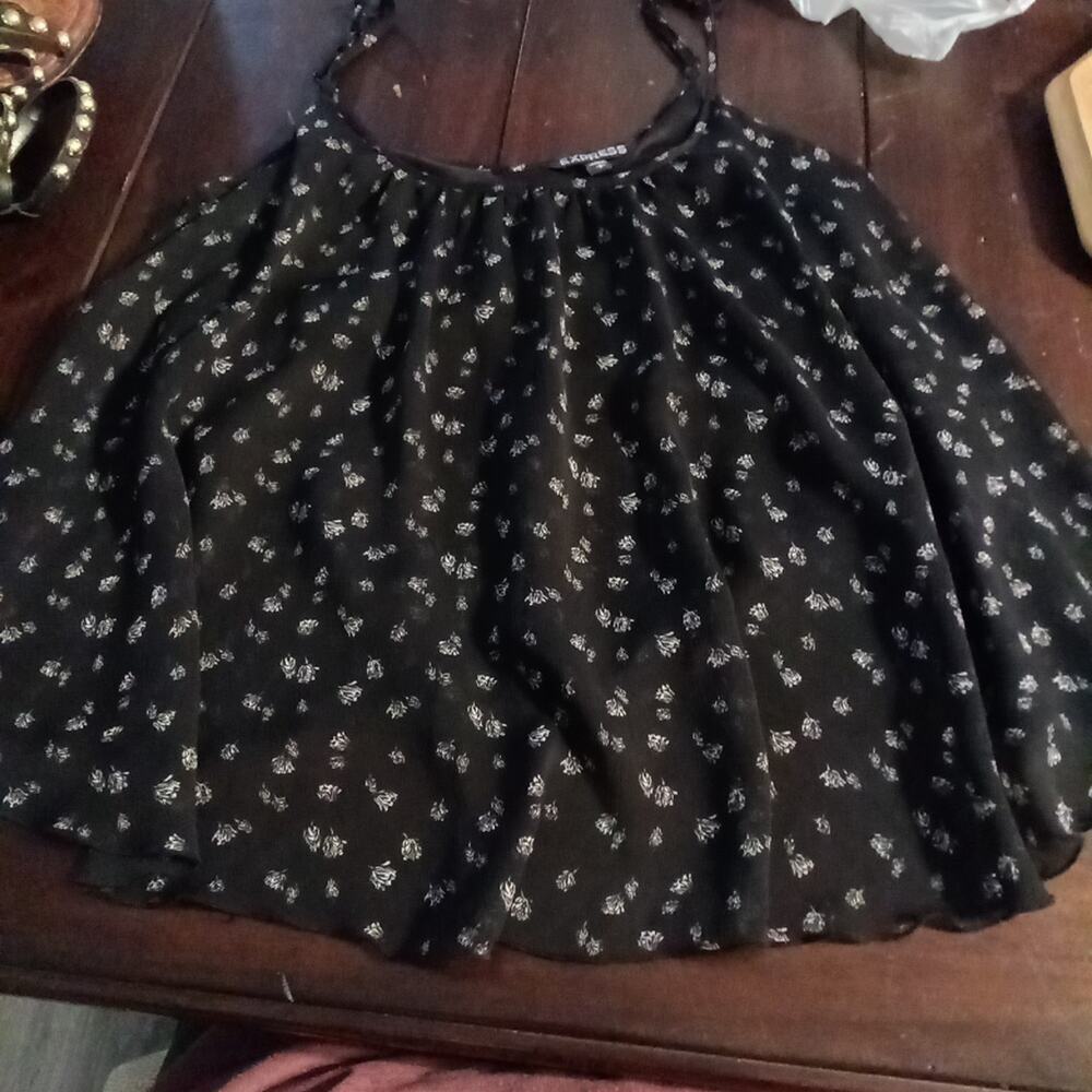 Express Womens Small Floral Babydoll Top Black Sheer Lined Lettuce Hem Cami